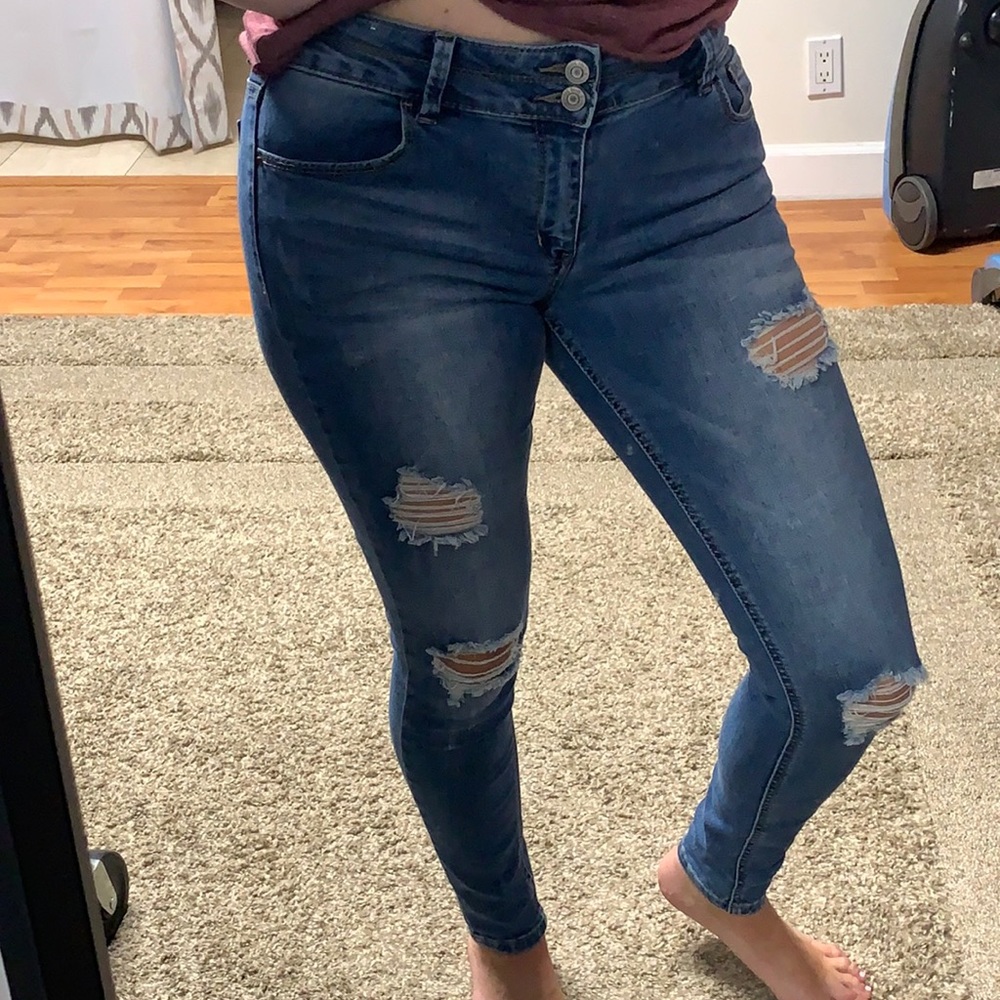 Blue stretchy denim distressed jeans. Mudd brand, girls size 16.